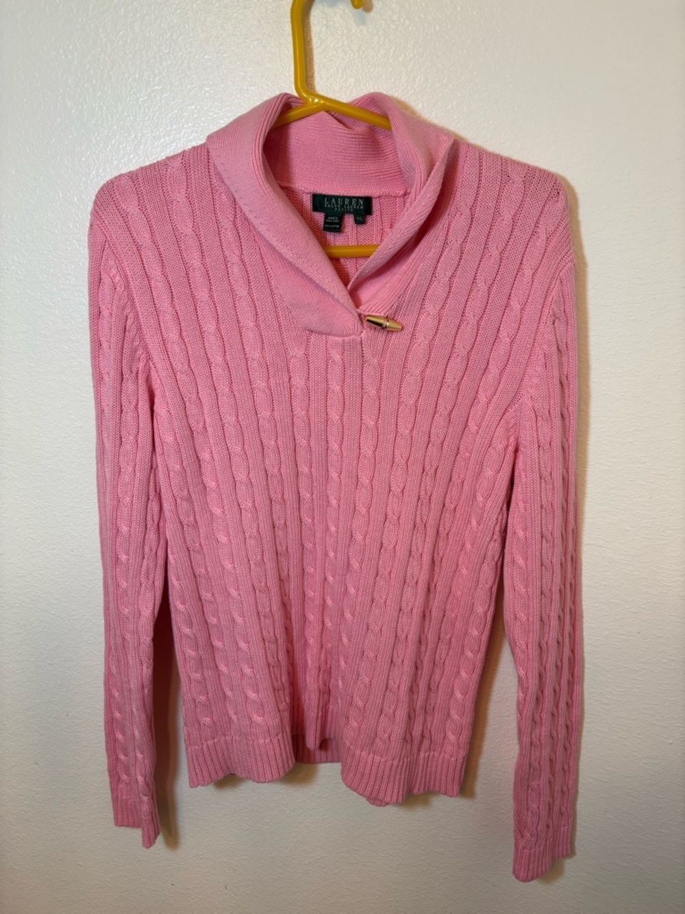Ralph Lauren Pink Cable-Knit Shawl-Collar Sweater with elegant Gold Clasp